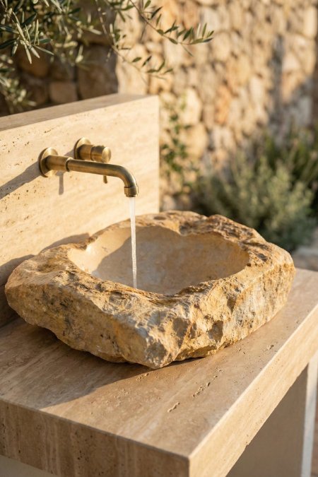 حوض مغسلة حجري طبيعي خام – 44×58 سم